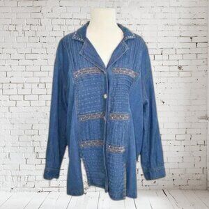Vintage Monique Fashions Blue Jean Shirt Jacket w/Floral Rivets Plus Size